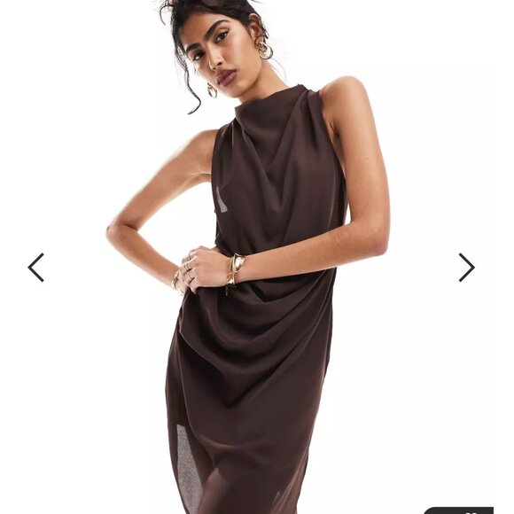 ASOS DESIGN cowl neck drape asymmetric midi dress in chocolate - Picture 2 of 3